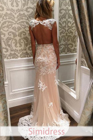 New Arrival Sheath Tulle Column Lace Backless Long Prom Dresses With Appliques