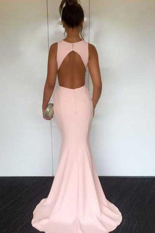 Pearl Round Neck Open Back Mermaid Prom Dresses with Sweep Train, MP319