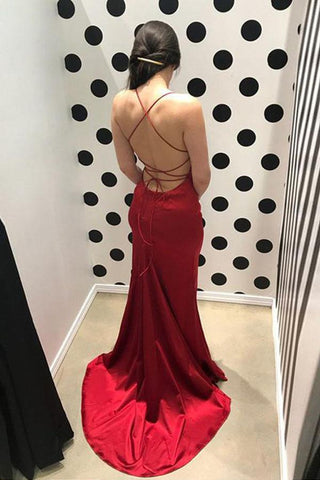 Simple Sheath Spaghetti Straps Lace-Up Sweep Train Long Prom Dress