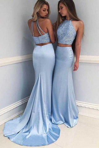 Two Piece Satin Halter Beaded Sleeveless Prom Dress With Sweep Train