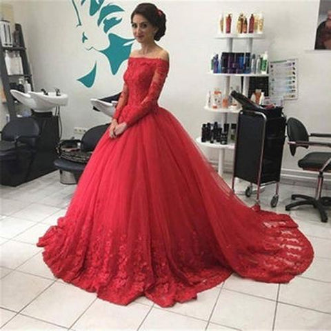 Red Off Shoulder Lace Tulle Long Sleeves Prom Dress Ball Gown Wedding Dresses
