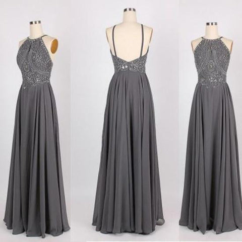 Grey Chiffon Halter Beaded Long Prom Dresses Formal Dress for Girls