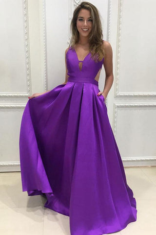 Simple Purple Satin A-line V-neck Long Prom Dresses, Bridesmaid Dress