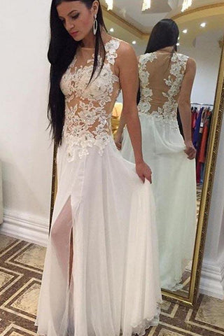 White Chiffon High Neck Beaded Floor Length Sleeveless Long Wedding Dresses