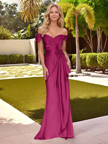 Off Shoulder Beading Ruffle Waist Satin Mermaid Mother of the Bride Dress
