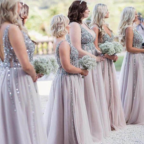 Chiffon Stunning V-neck Bridesmaid Dress Long Backless Formal Dresses