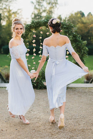 Blue Off The Shoulder Long Sleeves Short Bridesmaid Dresses Online