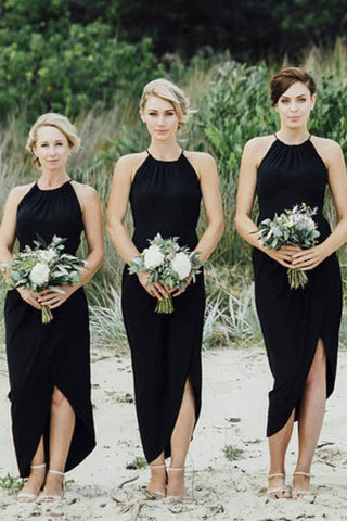 Simple Black Side Slit Short Bridesmaid Dresses, Cheap Unique Sequin Long Bridesmaid Gown