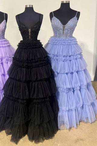 Beaded Spaghetti Strap Ruffle Tiered Ball Gown