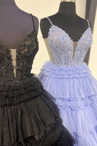 Beaded Spaghetti Strap Ruffle Tiered Ball Gown