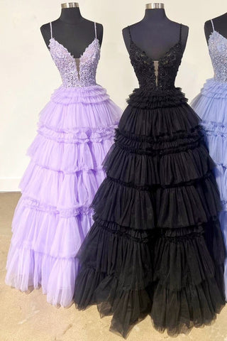 Beaded Spaghetti Strap Ruffle Tiered Ball Gown