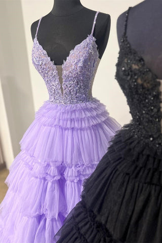 Beaded Spaghetti Strap Ruffle Tiered Ball Gown