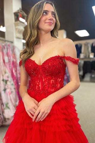 Tulle Off-the-Shoulder Ruffle Tiered Long Prom Dress