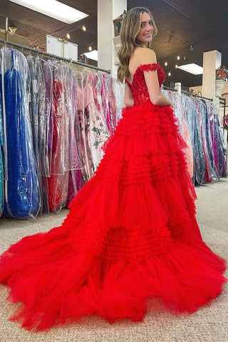 Tulle Off-the-Shoulder Ruffle Tiered Long Prom Dress