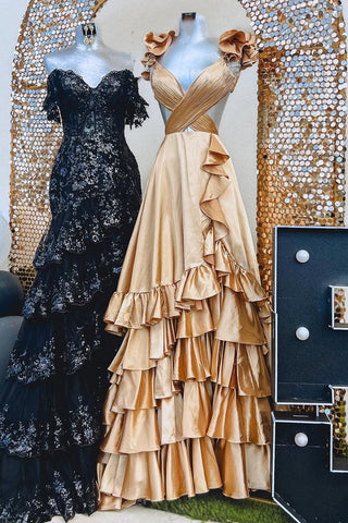 Cutout Ruffle A-Line Long Prom Dress with Slit