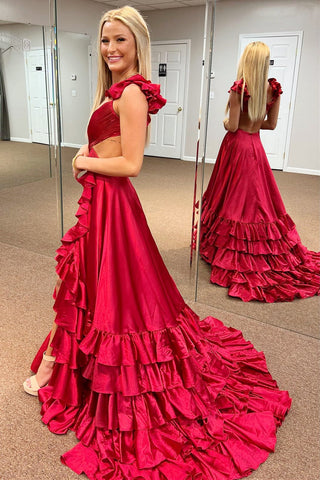 Cutout Ruffle A-Line Long Prom Dress with Slit
