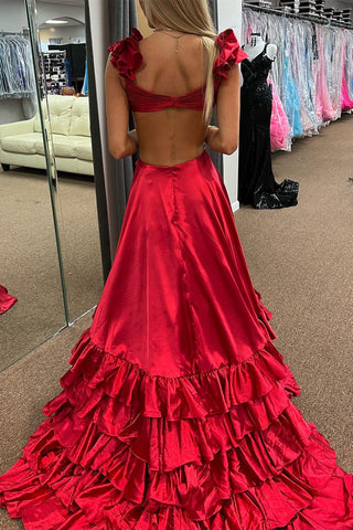 Cutout Ruffle A-Line Long Prom Dress with Slit