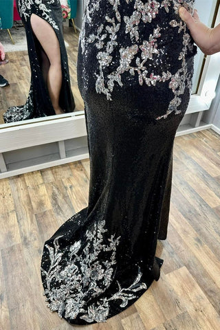 Sequin Appliques Spaghetti Strap Long Prom Dress with Slit