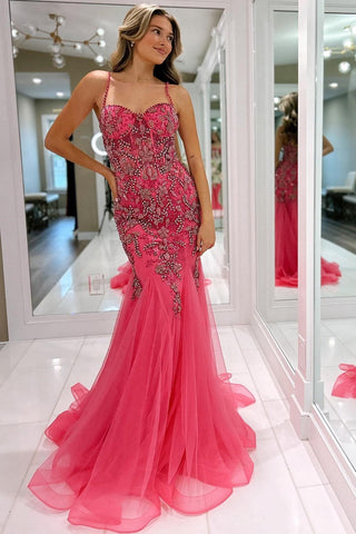 Beaded Spaghetti Strap Trumpet Long Gown