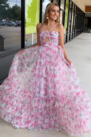 Print Halter Keyhole A-Line Long Prom Dress