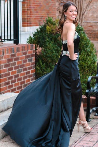Rhinestone V-Neck Long Formal Dress with Attached Train