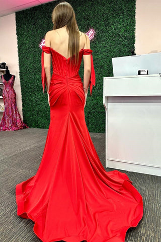 Off-the-Shoulder Bow Sleeve Mermaid Long Prom Dress with Slit
