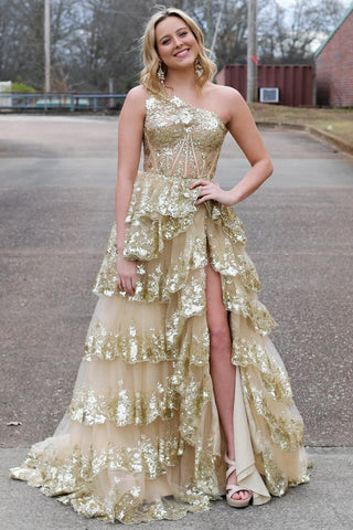 Sheath One Shoulder Tiered Lace Long Prom Dress