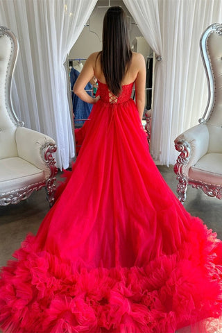 Tulle Appliques Sweetheart Ruffle Long Prom Dress