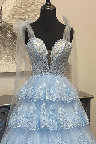 Tulle Appliques Tying Strap Ruffle Tiered Long Prom Dress