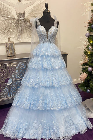 Tulle Appliques Tying Strap Ruffle Tiered Long Prom Dress