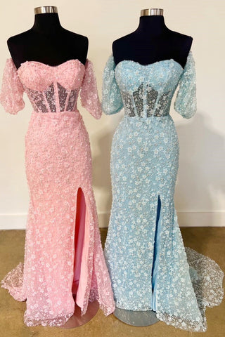 3D Floral Lace Sweetheart Mermaid Long Prom Dress with Slit