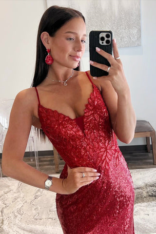 Sequin Plunge V Backless Mermaid Maxi Dress with Slit