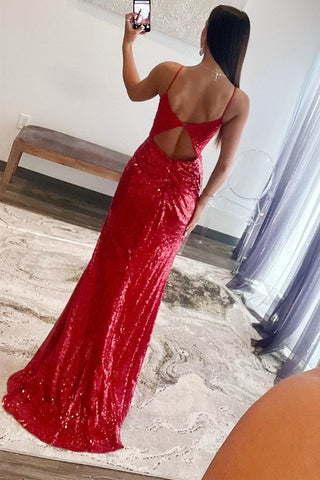 Sequin Plunge V Backless Mermaid Maxi Dress with Slit