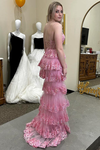 Glitter Appliques Lace-Up Ruffle Tiered Long Dress with Slit