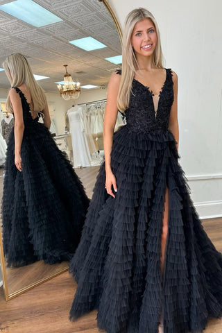 Plunge V Ruffle Tiered Long Prom Dress with Slit
