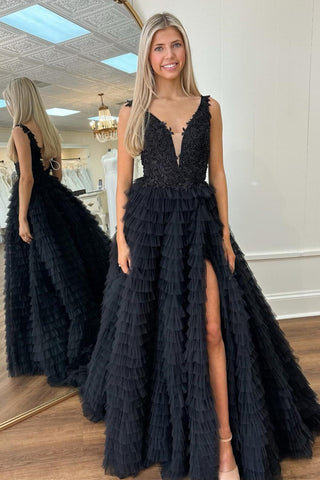 Plunge V Ruffle Tiered Long Prom Dress with Slit