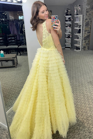 Plunge V Ruffle Tiered Long Prom Dress with Slit