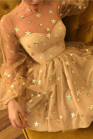 Unique Long Sleeve Short Sheer Neck Stars Mini Homecoming Dress,