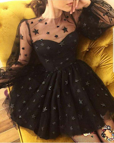 Unique Long Sleeve Short Sheer Neck Stars Mini Homecoming Dress,
