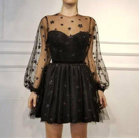 Unique Long Sleeve Short Sheer Neck Stars Mini Homecoming Dress,