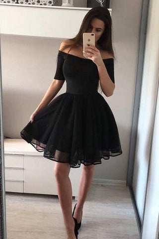 Schulterfreies schwarzes A-Linien-Heimkehrkleid, schickes kleines schwarzes Kleid