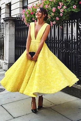 Deep V-neck Homecoming Dress Cute  Tea Length Lace Prom Dress