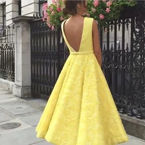 Deep V-neck Homecoming Dress Cute  Tea Length Lace Prom Dress