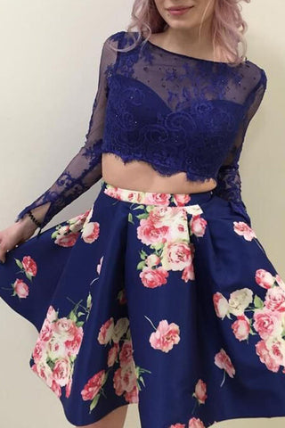 A-Line Two Piece Scoop Long Sleeves Floral Lace Homecoming Dresses with Pockets