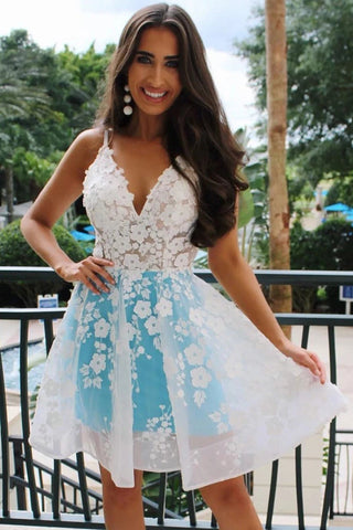 Spaghetti Straps Blue Applique Short Prom Dresses Homecoming Dresses