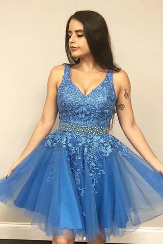A-Linie V-Ausschnitt Blau Kurzes Ballkleid Homecoming-Kleid Mit Applikationen