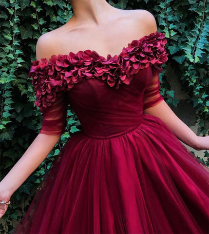 Burgundy Off the Shoulder Half-Sleeve A-line Tulle Long Pom Dresses,