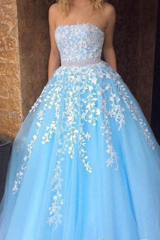 Sky Blue Princess A-line Lace Appliqued Tulle Long Strapless Prom Dresses