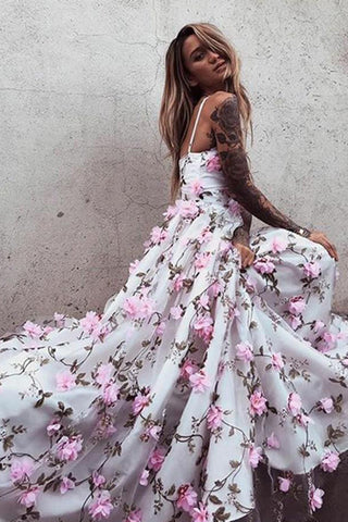 Floral Lace Beautiful Spaghetti Straps Long Prom Dress Evening Dress