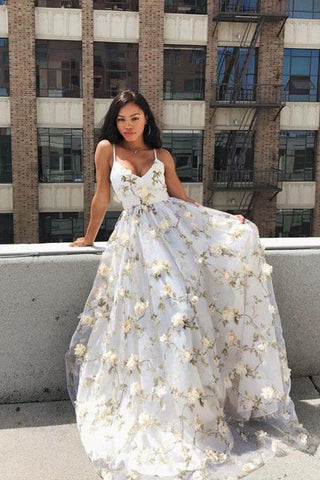 Floral Lace Beautiful Spaghetti Straps Long Prom Dress Evening Dress
